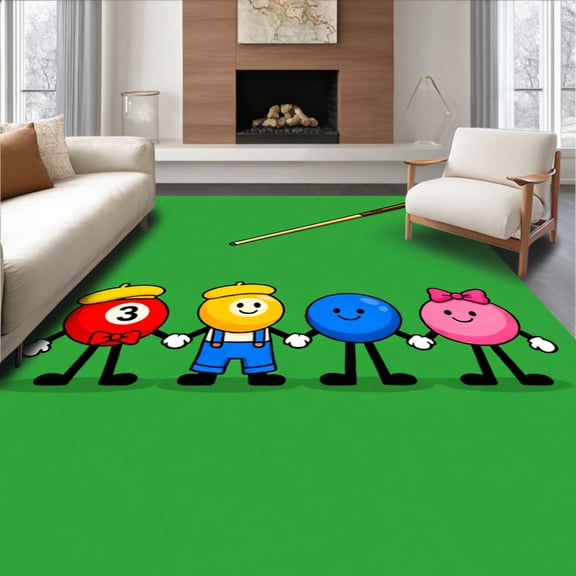 ODIKA 4'x6' Machine Washable Non-Slip Area Rug, Playful Cartoon Billiard Balls Characters High Traffic Rug, Green, 841084