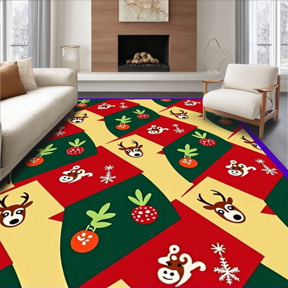 ODIKA 4'x6' Machine Washable Non-Slip Area Rug, Playful Christmas Reindeer Interlocking Patchwork Art High Traffic Rug with Pad, Red, 623796