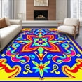 thumbnail image 1 of ODIKA 4'x6' Machine Washable Non-Slip Area Rug, Playful Crochet Football Patchwork with Starburst and Scrollwork Accents High Traffic Rug with Pad, Blue, 648008, 1 of 8