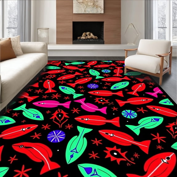 ODIKA 4'x6' Machine Washable Non-Slip Area Rug, Playful Festive Fish and Bauble Interlocking Arrangement High Traffic Rug, Red, 643022
