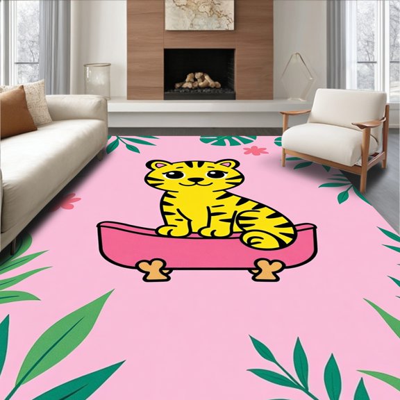 ODIKA 4x6 Machine Washable Non-Slip Area Rug, Playful Wild Cat Bathroom Adorable Jungle Safari Feline High Traffic Rug, Pink, 683490