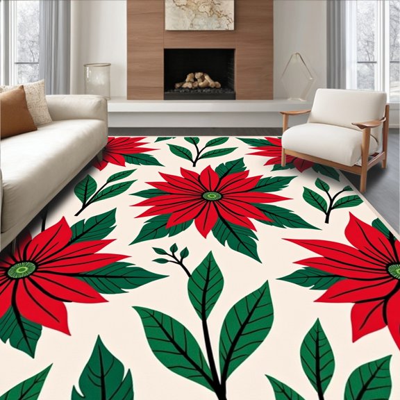 ODIKA 4'x6' Machine Washable Non-Slip Area Rug, Poinsettia Bloom Arrangement Holiday Shower Bathroom High Traffic Rug, Red, 638634