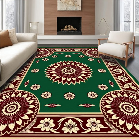 ODIKA 4'x6' Machine Washable Non-Slip Area Rug, Poinsettia Bloom Medallion Yuletide High Traffic Rug, Green, 608938