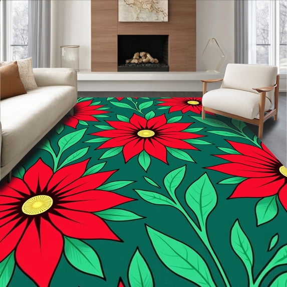 ODIKA 4'x6' Machine Washable Non-Slip Area Rug, Poinsettia Bloom Motif Holiday Entrance Floral Winter Theme High Traffic Rug with Pad, Red, 653496