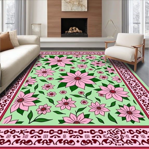 ODIKA 4'x6' Machine Washable Non-Slip Area Rug, Poinsettia Bloom Tapestry Vintage Christmas Floor Accent High Traffic Rug with Pad, Pink, 505918