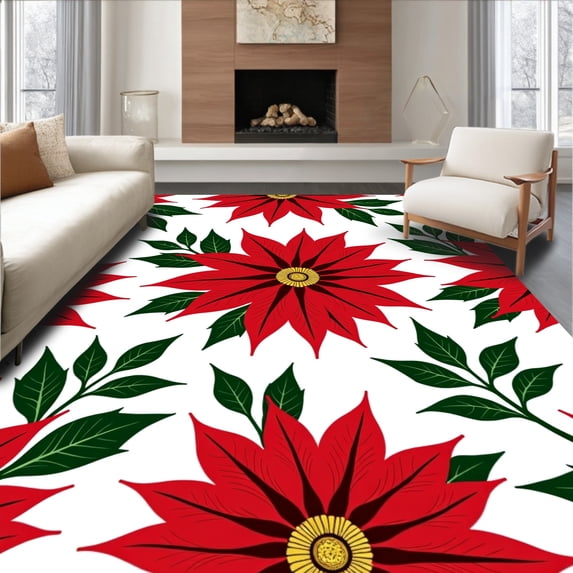 ODIKA 4'x6' Machine Washable Non-Slip Area Rug, Poinsettia Bloom with Seasonal Flower Arrangement High Traffic Rug, Red, 616611