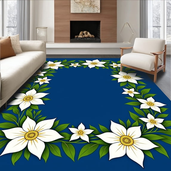 ODIKA 4'x6' Machine Washable Non-Slip Area Rug, Poinsettia Blossom Yuletide Themed Accent High Traffic Rug with Pad, Blue, 613254