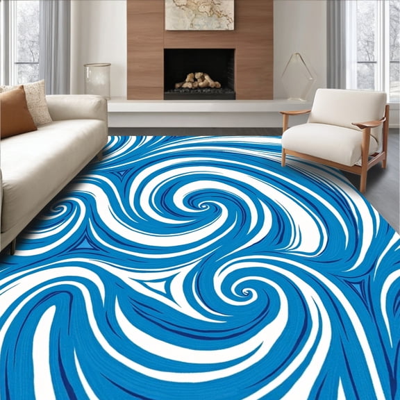 ODIKA 4'x6' Machine Washable Non-Slip Area Rug, Polar Vortex Tree Base with Spiral Wind Current Motifs High Traffic Rug, Blue, 629702