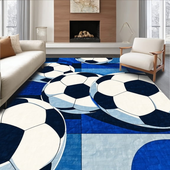 ODIKA 4'x6' Machine Washable Non-Slip Area Rug, Soccer for Boys High Traffic Rug, Blue, 82987