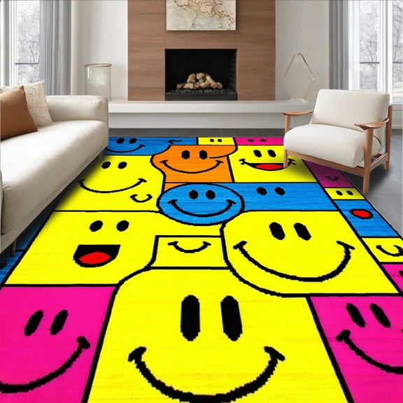 ODIKA 4'x6' Machine Washable Non-Slip Area Rug, Happy Smiley Face High Traffic Rug, Blue, 99184