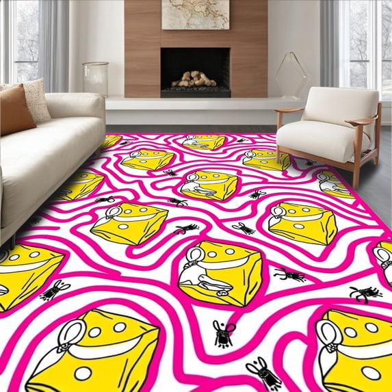 ODIKA 4'x6' Machine Washable Non-Slip Area Rug, Whimsical Cheese Wedge Maze with Tiny Critter Motifs High Traffic Rug with Pad, Pink, 725851