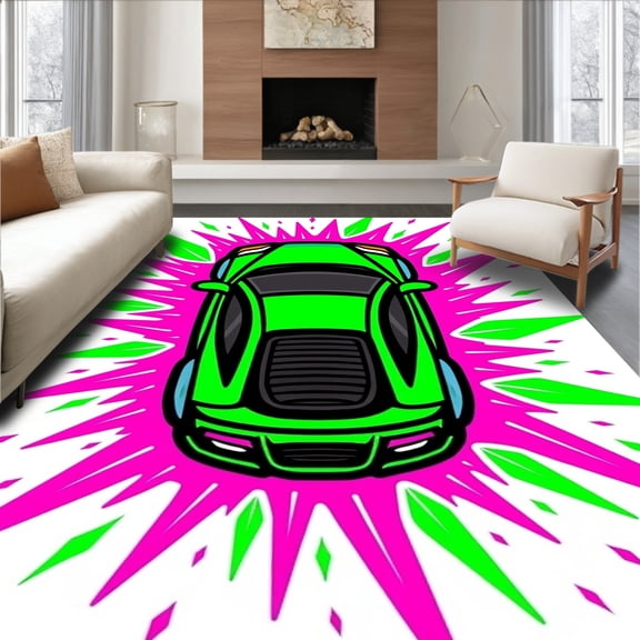 ODIKA 4'x6' Machine Washable Non-Slip Area Rug, Pop Art Supercar with Energetic Color Blasts High Traffic Rug, Green, 676540