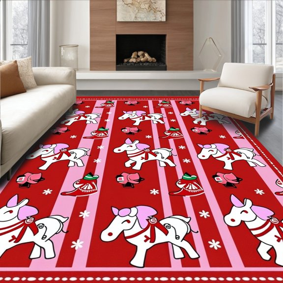 ODIKA 4'x6' Machine Washable Non-Slip Area Rug, Prancing Yarn Hook Project with Festive High Traffic Rug, Red, 635398