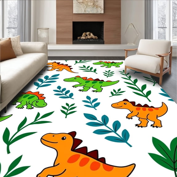 ODIKA 4'x6' Machine Washable Non-Slip Area Rug, Prehistoric Adventure Cartoon Dinosaur Floor Nonslip High Traffic Rug, Green, 728540