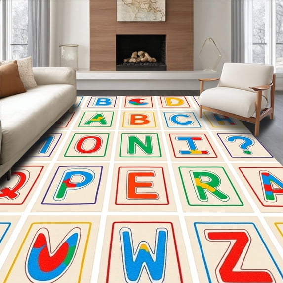 ODIKA 4'x6' Machine Washable Non-Slip Area Rug, Preschool Knowledge Flooring Adorned With Fundamental Symbols High Traffic Rug, Red, 686960