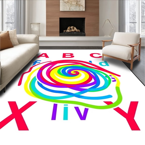 ODIKA 4'x6' Machine Washable Non-Slip Area Rug, Preschool Linguistic Development Board Showcasing Vivid Lettering High Traffic Rug with Pad, Red, 697471