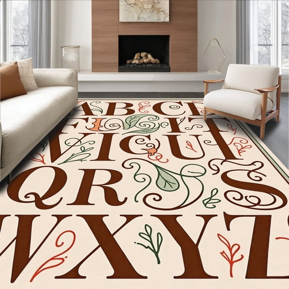 ODIKA 4'x6' Machine Washable Non-Slip Area Rug, Preschool Reading Foundation with Engaging Character Symbols High Traffic Rug, Beige, 690004