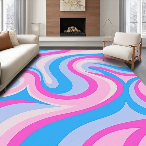 ODIKA 4'x6' Machine Washable Non-Slip Area Rug, Prismatic Ribbon Swirls with Harmonious Layered Color Transitions High Traffic Rug with Pad, Pink, 576942