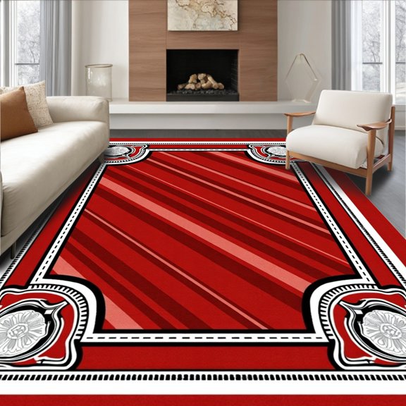ODIKA 4'x6' Machine Washable Non-Slip Area Rug, Professional Ticket Styled Field Decorative High Traffic Rug, Red, 669672