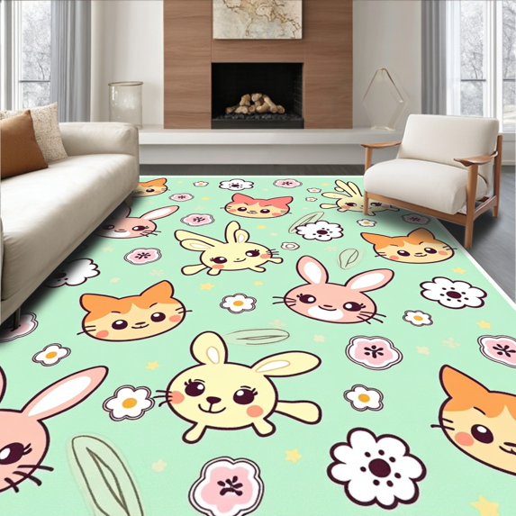 ODIKA 4'x6' Machine Washable Non-Slip Area Rug, Quirky Kawaii Animal Friends Parade Amusing Playful Novelty High Traffic Rug with Pad, Green, 724630