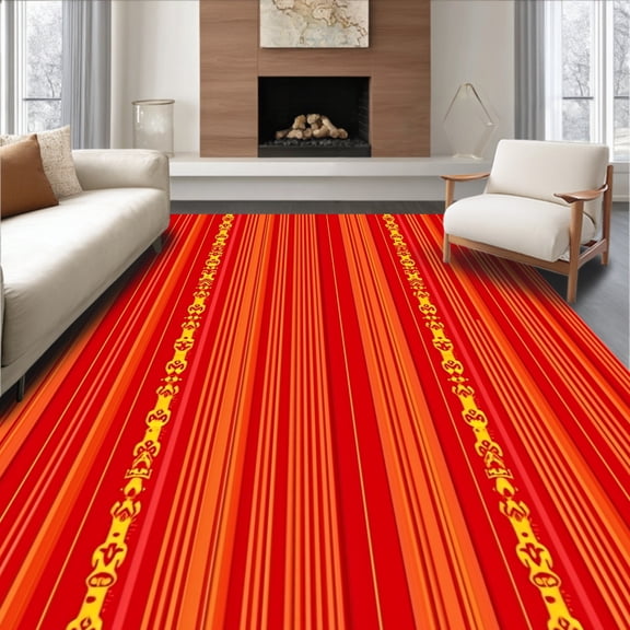 ODIKA 4'x6' Machine Washable Non-Slip Area Rug, Radiant Cascade Stripes with Abstract Rhythms and Dotted Details High Traffic Rug, Red, 716818
