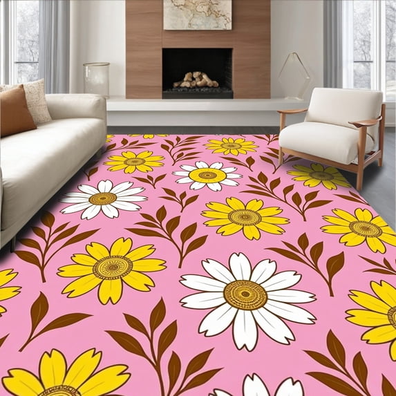 ODIKA 4'x6' Machine Washable Non-Slip Area Rug, Radiant Garden Burst Vintage Botanical Charm High Traffic Rug, Pink, 527845