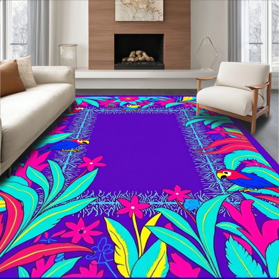 ODIKA 4x6 Machine Washable Non-Slip Area Rug, Rainforest Expedition Playscape Decorated With Tropical Fauna High Traffic Rug, Purple, 681975