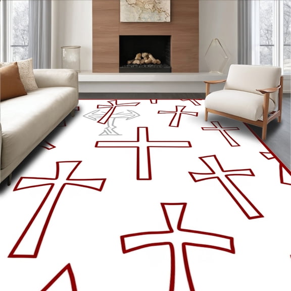 ODIKA 4'x6' Machine Washable Non-Slip Area Rug, Symbol Interlocking Overlay with Contemporary Crosses High Traffic Rug, Red, 517562