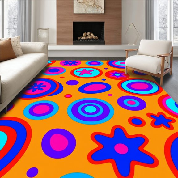 ODIKA 4'x6' Machine Washable Non-Slip Area Rug, Retro Arcade Symbols Pop Illustration High Traffic Rug, Orange, 699951