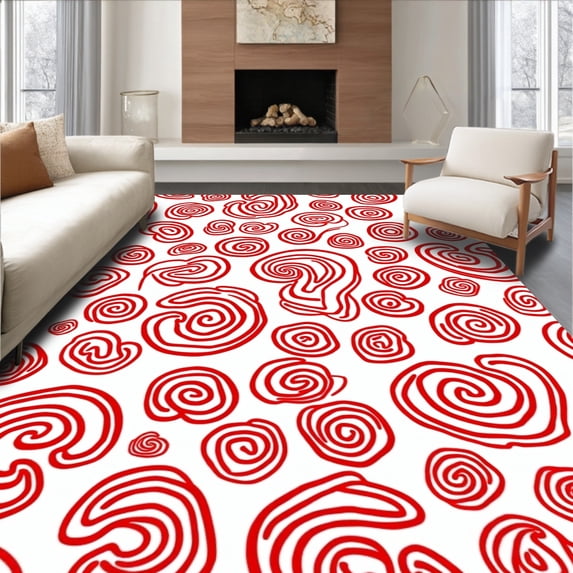 ODIKA 4'x6' Machine Washable Non-Slip Area Rug, Retro Cane Stripes with Peppermint Swirl Theme High Traffic Rug with Pad, Red, 647088