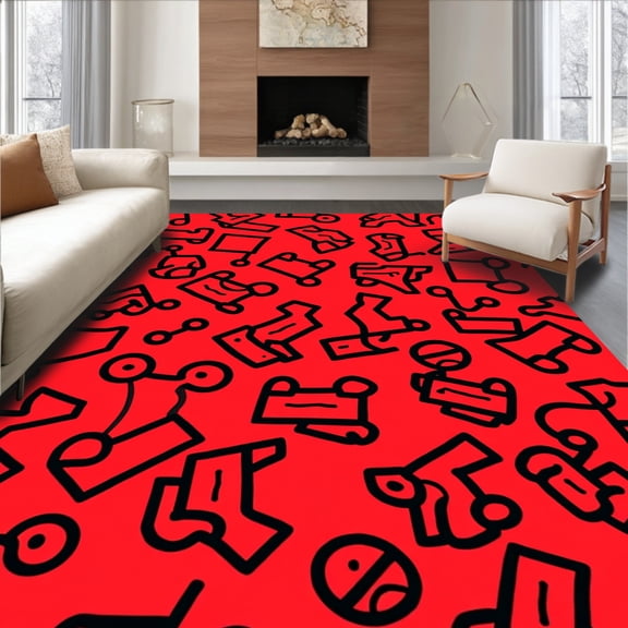ODIKA 4'x6' Machine Washable Non-Slip Area Rug, Retro Inspired Pixel Arcade Decorative Floor Cover High Traffic Rug, Red, 579424