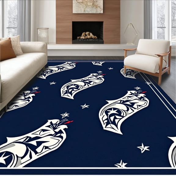 ODIKA 4'x6' Machine Washable Non-Slip Area Rug, Retro Fan Pennant with Interlocking Motifs High Traffic Rug, Blue, 670031