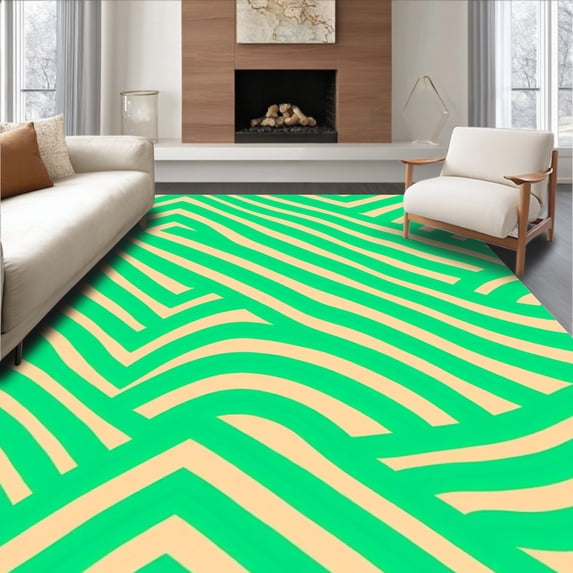 ODIKA 4'x6' Machine Washable Non-Slip Area Rug, Retro Funk with Interlocking Zigzag and Pastel Highlights High Traffic Rug, Green, 446753