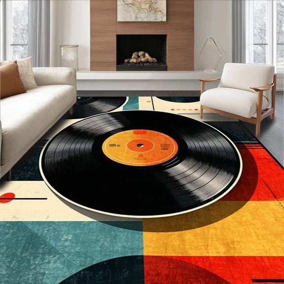 ODIKA 4'x6' Machine Washable Non-Slip Area Rug, Retro Round Music Motif High Traffic Rug, Black, 5433
