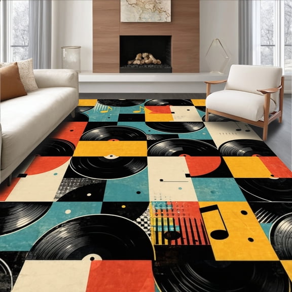 ODIKA 4'x6' Machine Washable Non-Slip Area Rug, Personalized Music Theme with Vinyl Record Graphics High Traffic Rug, Black, 69468