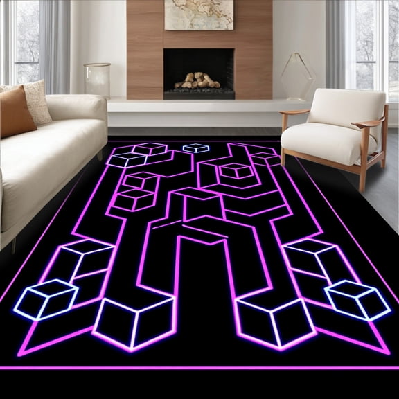ODIKA 4'x6' Machine Washable Non-Slip Area Rug, Retro Inspired Digital with Grid and Isometric Cubes High Traffic Rug, Pink, 564116