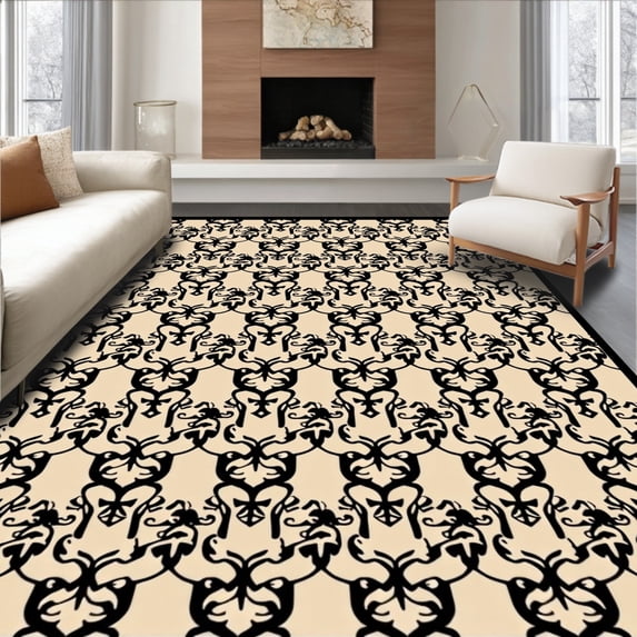 ODIKA 4'x6' Machine Washable Non-Slip Area Rug, Retro Interlocking Paisley Traditional Print High Traffic Rug, Black, 388487