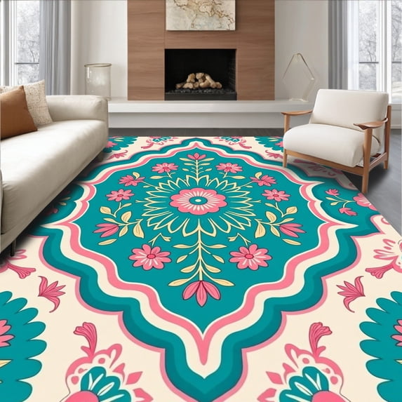 ODIKA 4'x6' Machine Washable Non-Slip Area Rug, Retro Mosaic Dreamscape Featuring Interlocking Floral Motifs High Traffic Rug, Teal, 448174