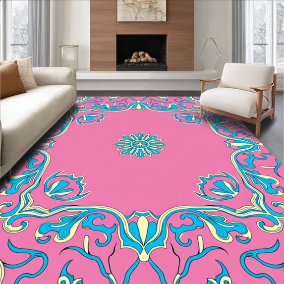 ODIKA 4'x6' Machine Washable Non-Slip Area Rug, Retro Ocean Breeze Featuring Interlocking Scrolls and Fan Shaped Accents High Traffic Rug with Pad, Pink, 550248