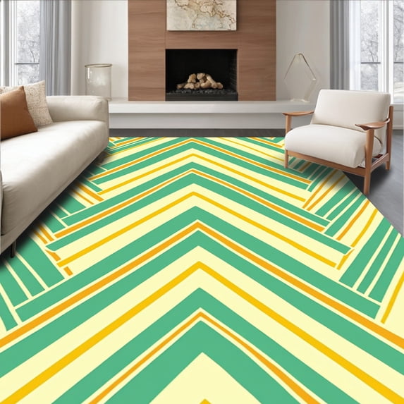 ODIKA 4'x6' Machine Washable Non-Slip Area Rug, Retro Optical Illusion Showcasing Zigzag Motif High Traffic Rug with Pad, Green, 525327