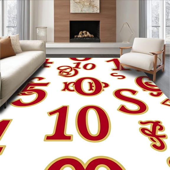 ODIKA 4'x6' Machine Washable Non-Slip Area Rug, Retro Scoreboard Graphic with Vintage Numbers and Athletic Symbols High Traffic Rug, Red, 669884