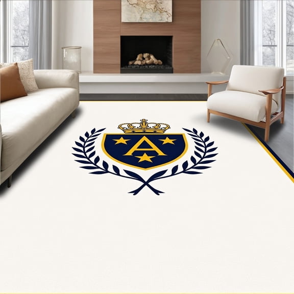 ODIKA 4'x6' Machine Washable Non-Slip Area Rug, Retro Sports Crest Medallion with Laurel and Detailing High Traffic Rug, White, 675704