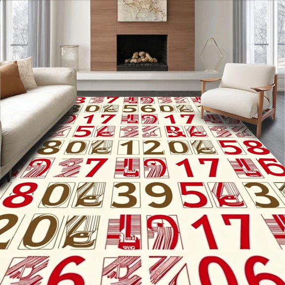 ODIKA 4'x6' Machine Washable Non-Slip Area Rug, Retro Sports Scoreboard with Interlocking Digits and Graphic Symbols High Traffic Rug, Red, 669867