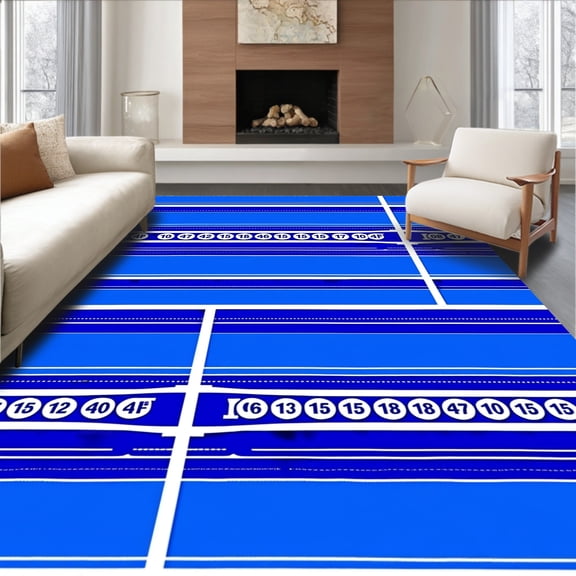 ODIKA 4'x6' Machine Washable Non-Slip Area Rug, Retro Ticket Stub Motif With Classic Striping And Number Details High Traffic Rug, Blue, 670017