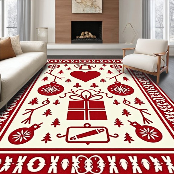 ODIKA 4'x6' Machine Washable Non-Slip Area Rug, Retro Yuletide Nostalgic Celebration Whimsical High Traffic Rug, Red, 609215