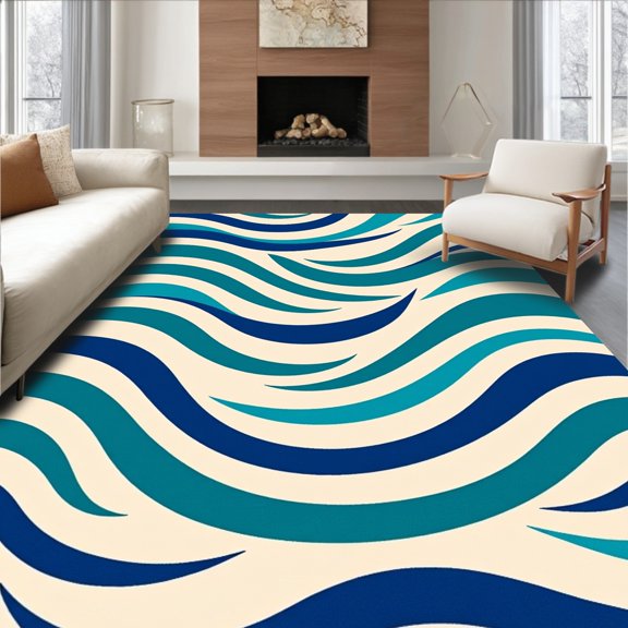 ODIKA 4'x6' Machine Washable Non-Slip Area Rug, Rippling Waves Oceanic Undulating Fluid Tranquil Motion High Traffic Rug, Blue, 664191