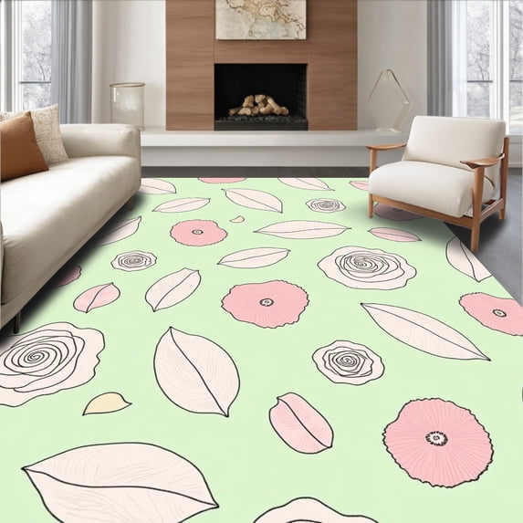 ODIKA 4'x6' Machine Washable Non-Slip Area Rug, Romantic Rose Petals High Traffic Rug, Green, 360526