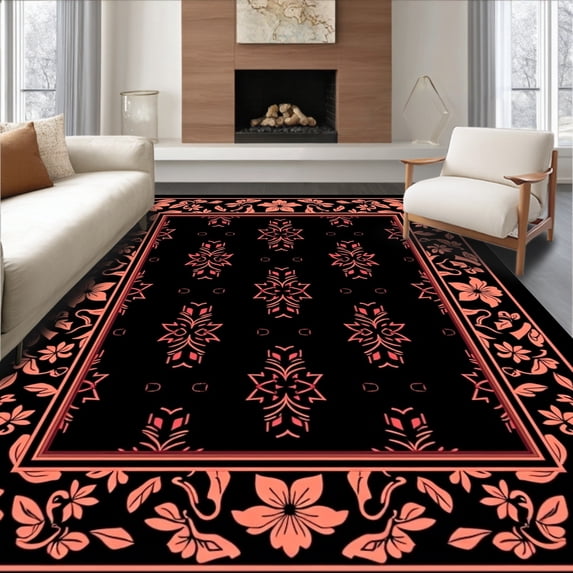 ODIKA 4'x6' Machine Washable Non-Slip Area Rug, Rose Petal Snowflake Christmas Foundation with Floral Elegance High Traffic Rug, Black, 654327