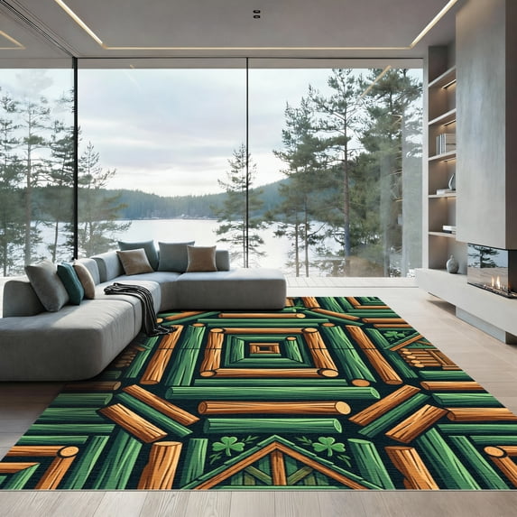 ODIKA 4'x6' Machine Washable Non-Slip Area Rug, Rustic Cabin Dark Green High Traffic Rug, Green, 1304184