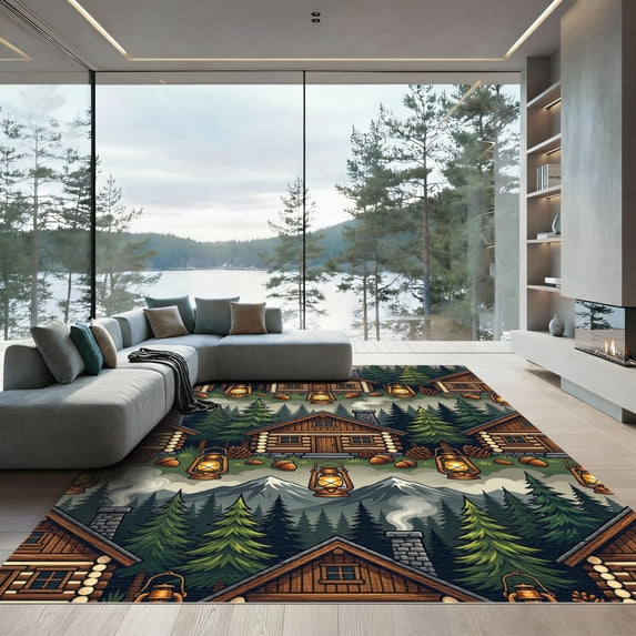 ODIKA 4'x6' Machine Washable Non-Slip Area Rug, Rustic Cabin Forest Green High Traffic Rug, Green, 1174624